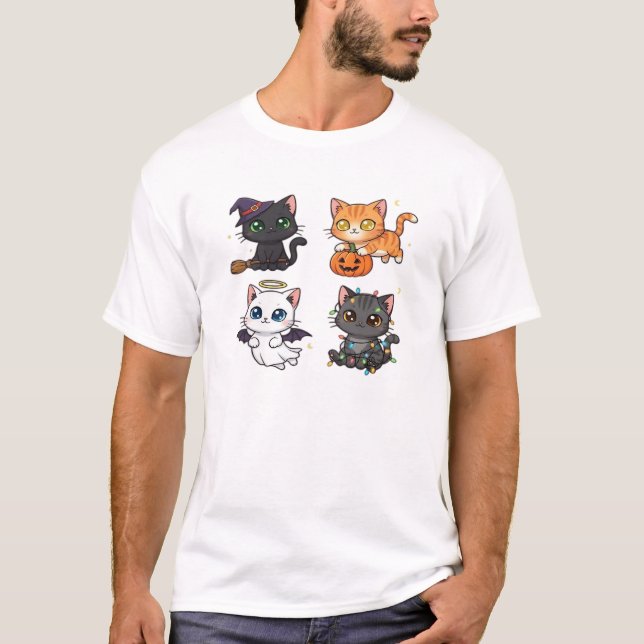 Camiseta Gato de Halloween Felino Assustador e Sofisticado  (Frente)