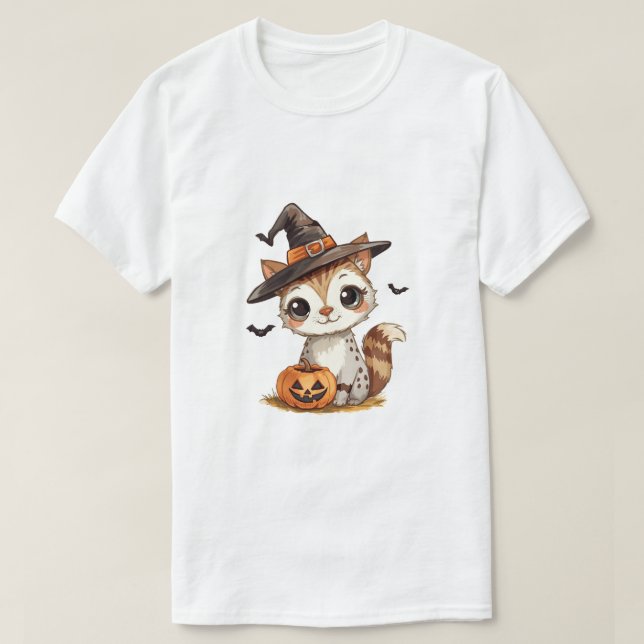 Camiseta Gato de Halloween Fofo com Abóbora (Frente do Design)
