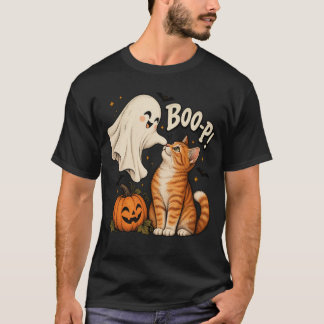 Camiseta Gato de Halloween Fofo Com Fantasma e Abóbora Boo
