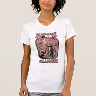 Camiseta Gato de Halloween Hippie Casa Assombrada Design Vi