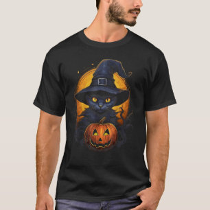 Camiseta Gato de Halloween Jack o Lanterna Abóbora Lua Gráf