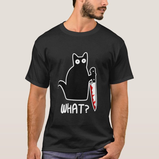 Camiseta Gato de Halloween Que Gato Negro Engraçado E Murde (Frente)