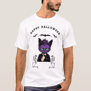 Camiseta Gato de Halloween Roxo com Morcegos e Esqueletos