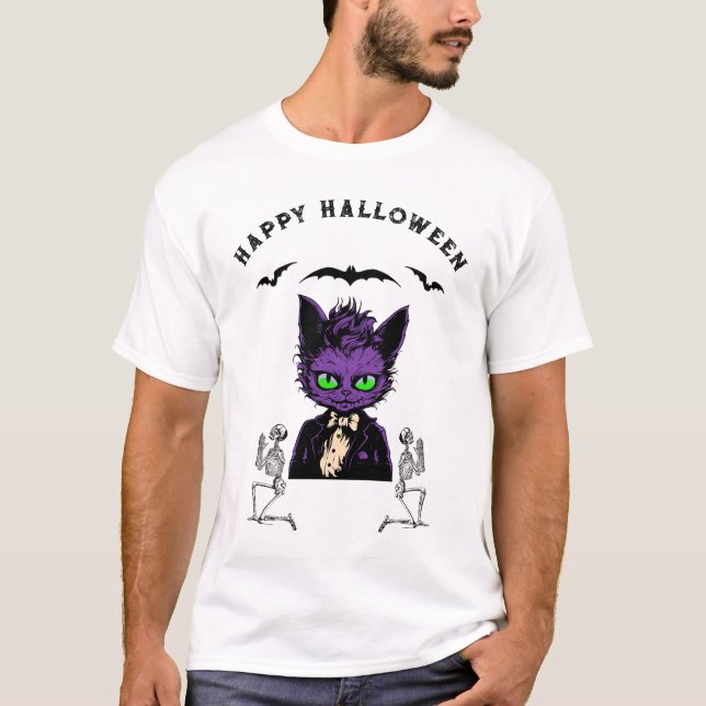 Camiseta Gato de Halloween Roxo com Morcegos e Esqueletos (Frente)