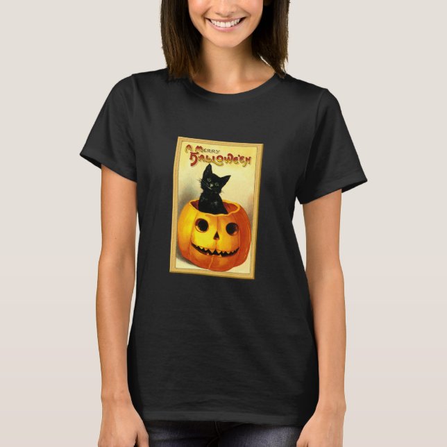 Camiseta Gato de Halloween Sentado em Jack O Lantern (Frente)