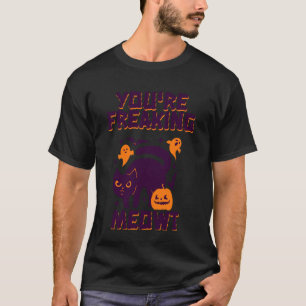 Camiseta Gato de Halloween Sinistro Fofo e Fantasmas Meow A