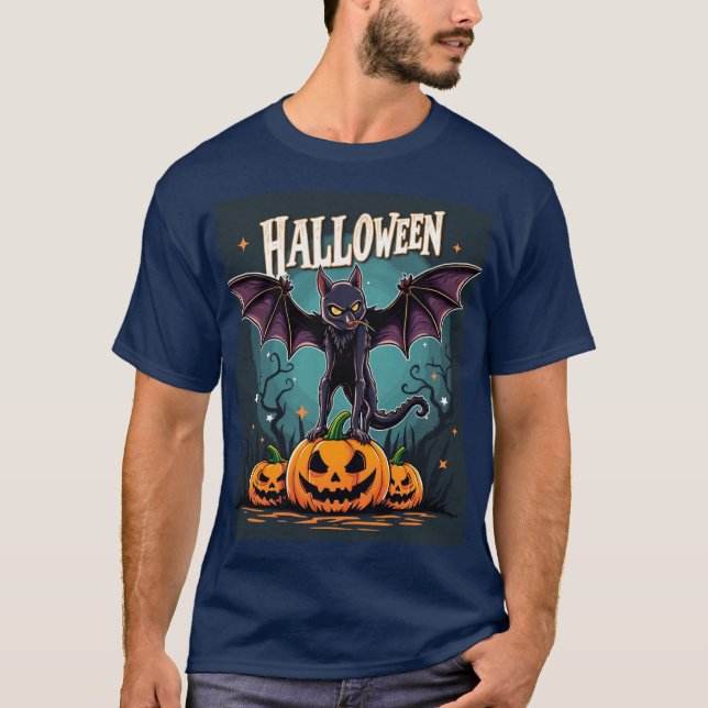 Camiseta Gato de Halloween Spooky: Asas de Bat e Abóboras (Frente)