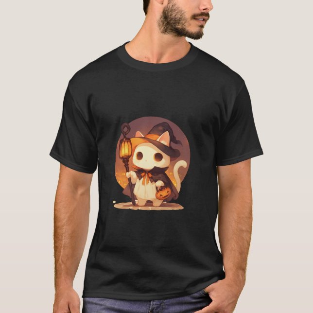 Camiseta Gato de Halloween Spooky com Lanterna brilhando ol (Frente)