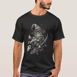Camiseta Gato de Halloween Vintage Bruxa Vassoura