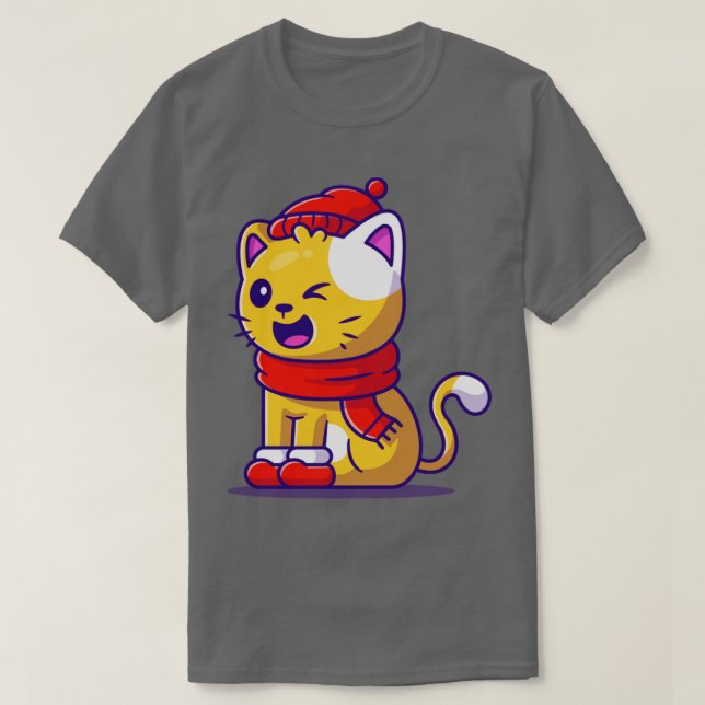 Camiseta Gato De Inverno Bonito Vestindo Carvalho E Cartões (Frente do Design)