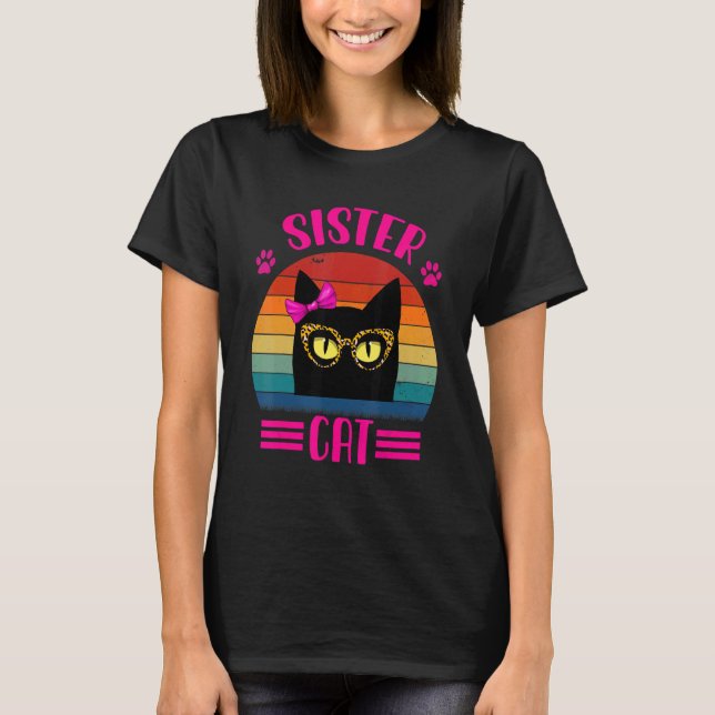 Camiseta Gato De Irmã Bonita Com Óculos-Leopardo Retro (Frente)
