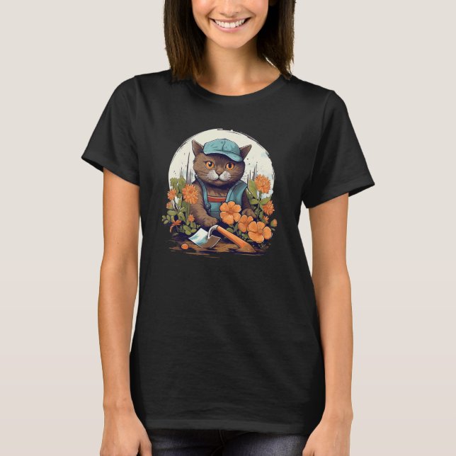Camiseta Gato de jardinagem engraçado com flores e ervas bo (Frente)