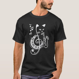 Camiseta Gato de Jazz Tocando Saxofone Piano Clave de Sol M