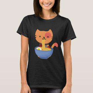 Camiseta Gato de Kawaii Cachorro Comendo Ramen Noodle Bowl