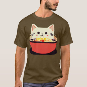 Camiseta Gato de Kawaii, Gato e Rame, em uma taça de macarr