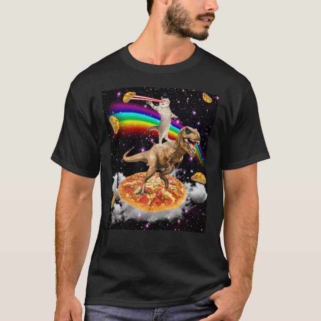 Camiseta Gato de Laser Galáxico no Dinossauro na Pizza com  (Frente)