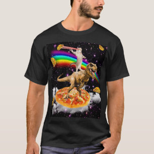 Camiseta Gato de Laser Galáxico no Dinossauro na Pizza com
