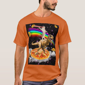 Camiseta Gato de Laser Galáxico no Dinossauro na Pizza com
