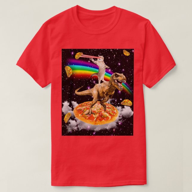 Camiseta Gato de Laser Galáxico no Dinossauro na Pizza com  (Frente do Design)