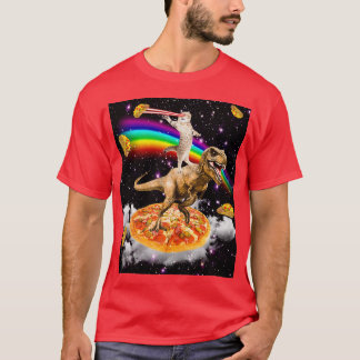 Camiseta Gato de Laser Galáxico no Dinossauro na Pizza com