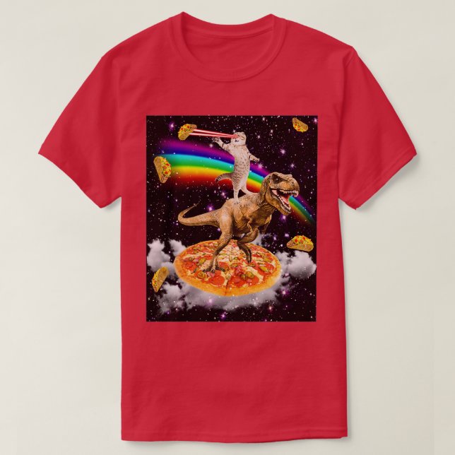 Camiseta Gato de Laser Galáxico no Dinossauro na Pizza com  (Frente do Design)