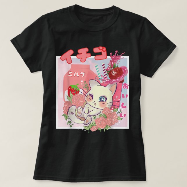 Camiseta Gato de Leite de Morango Kawaii Estética (Frente do Design)