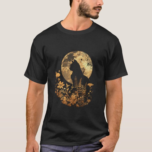 Camiseta Gato de Lua Cheia Floral Gatinhos Flores Gatos Hal (Frente)