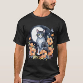 Camiseta Gato de Lua Floral Negro Elegante