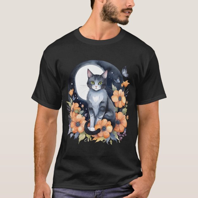 Camiseta Gato de Lua Floral Negro Elegante (Frente)