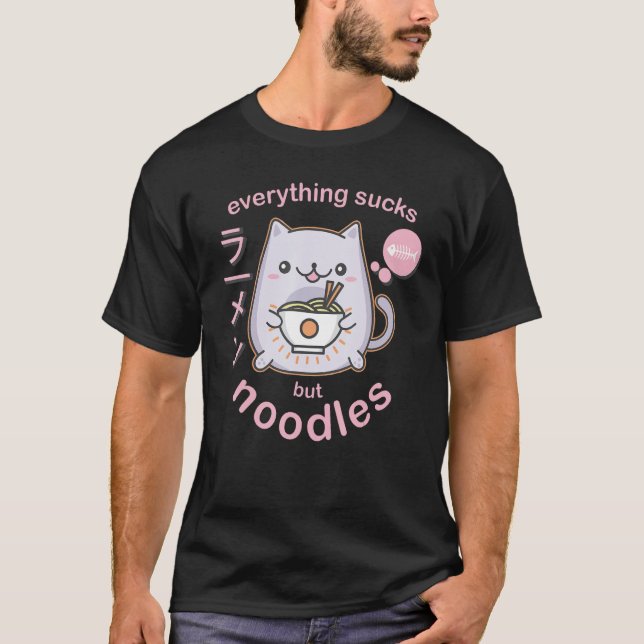 Camiseta Gato de macarrão Gótico Pastel Ramen - presente (Frente)