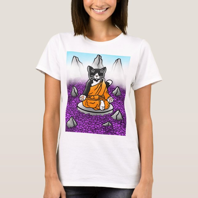 Camiseta Gato de Meditação Tuxedo Budista (Frente)
