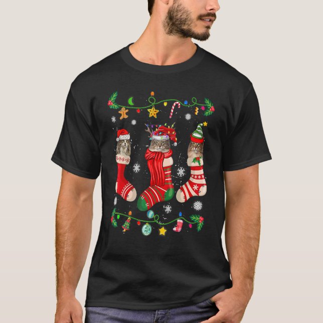 Camiseta Gato de Meias de Natal para a Floresta Norueguesa (Frente)