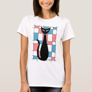 Camiseta Gato de meio século com Retângulos Azul e Rosa
