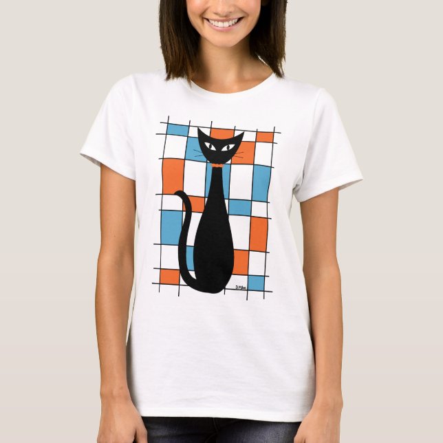 Camiseta Gato de meio século com Retângulos Laranja e Azul (Frente)