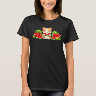 Camiseta Gato de Melancia Fofo Kawaii Cartoon de Verão