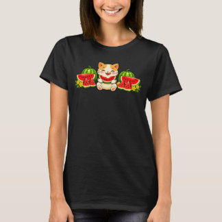 Camiseta Gato de Melancia Fofo Kawaii Ilustração de Verão