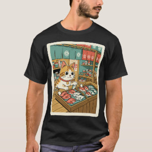 Camiseta Gato de Mercado Sortudo Observando Peixe Fresco em