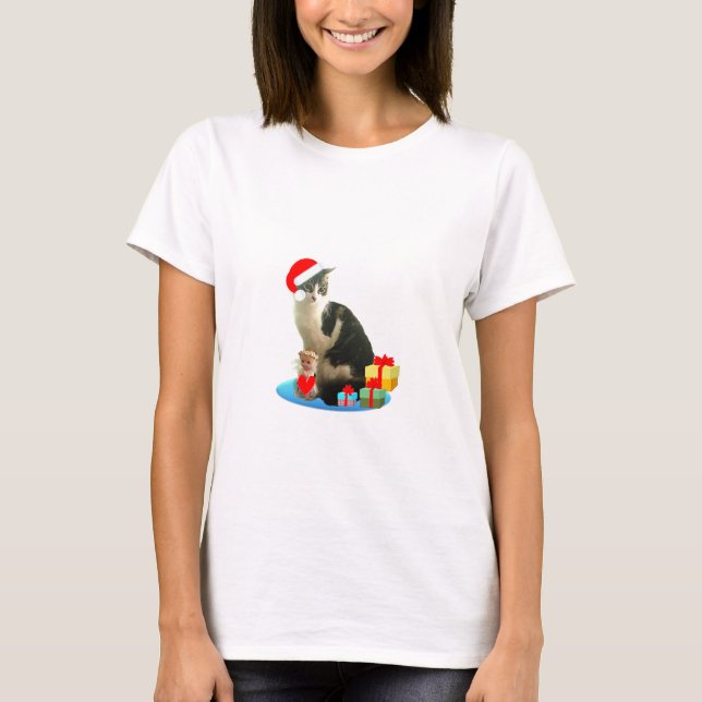 Camiseta gato de mesa de Natal e pequeno anjo fofo (Frente)