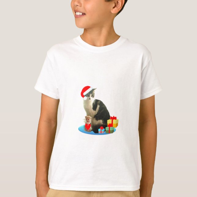 Camiseta gato de mesa de Natal e pequeno anjo fofo (Frente)