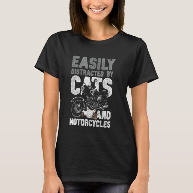 Camiseta Gato de Motociclista Clássico Facilmente Distraído (Frente)