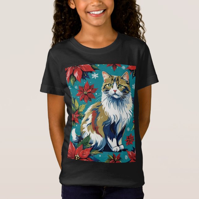 Camiseta Gato De Natal Adorável Com Poinsettias (Frente)