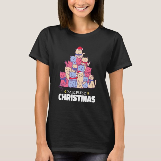 Camiseta Gato de Natal Árvore Natal Luzes de Natal Bonitas  (Frente)