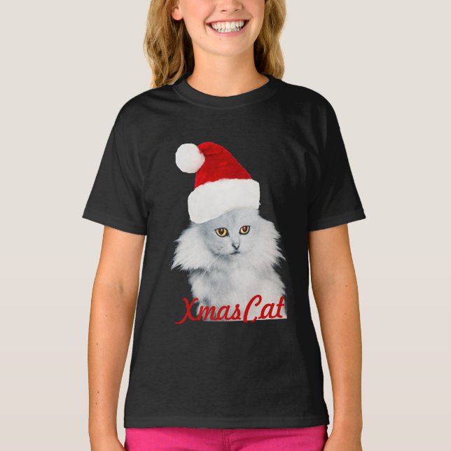 CAMISETA GATO DE NATAL BRANCO COM CHAPÉU DE SANTA CLAUS (Frente)