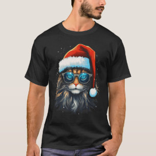 Camiseta Gato de Natal Chapéu e Óculos de Sol do Papai Noel