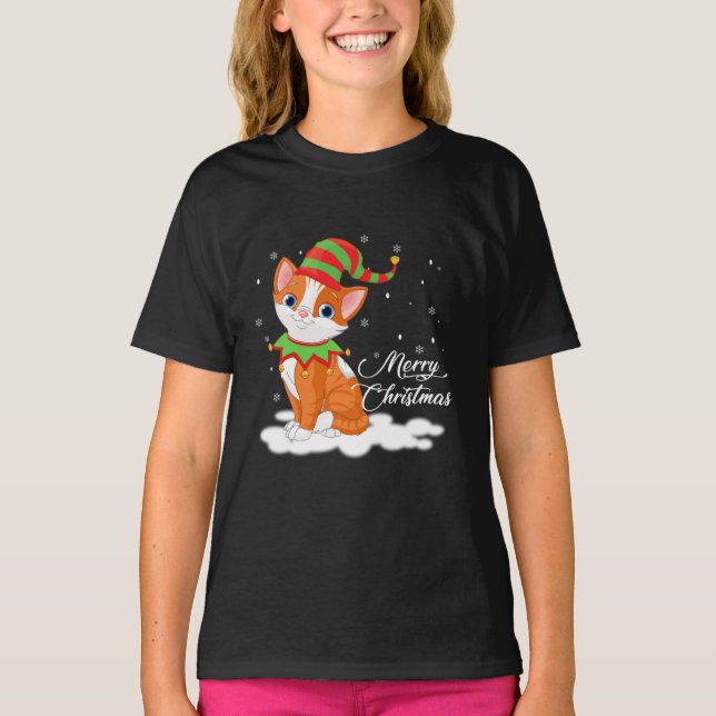 Camiseta Gato de Natal com Elf Hat Engraçado Presente (Frente)