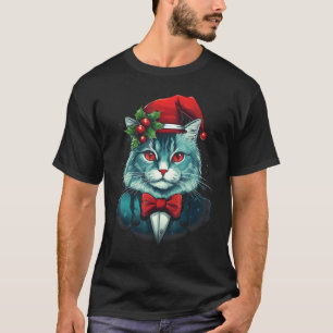 Camiseta Gato de Natal com Gravata Borboleta e Chapéu de Pa