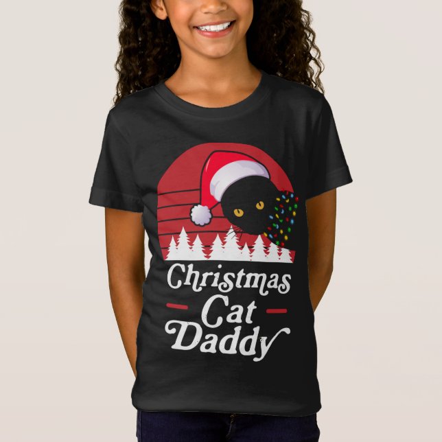 Camiseta Gato de Natal com Luzes de Colar de Natal (Frente)