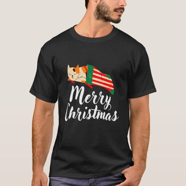 Camiseta Gato De Natal Dormindo Em Uma Meia Presente Homens (Frente)