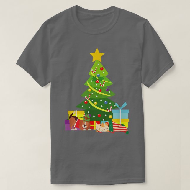 Camiseta Gato de Natal e Cão debaixo da Árvore de Natal (Frente do Design)