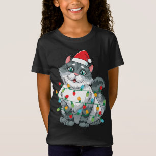 Camiseta Gato De Natal Embalado Em Luzes Coloridas Vestindo